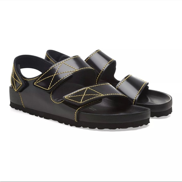 NWT x Birkenstock Proenza Schouler Black Milano Sandals Yellow Stitching - Picture 1 of 9
